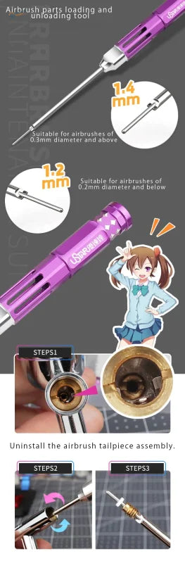 UStar airbrush cleaning tool for 1.2mm-1.4mm nozzles with purple grip, silver tip