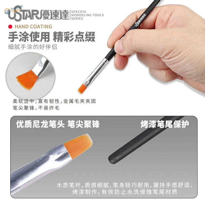 Black-handled UStar modeling brush with orange synthetic bristles in ustar brushes accessories set
