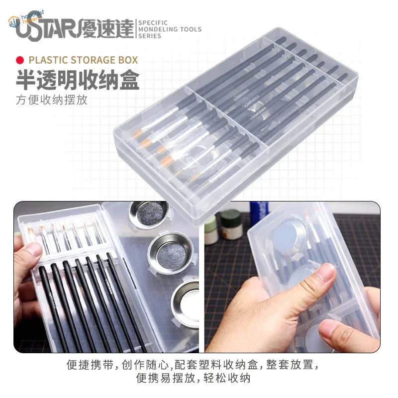 UStar brushes accessories set with clear compartmentalized storage box holding black-handled precision hobby tools