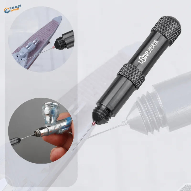 Black metallic ustar glue dispensing stick with textured grip and fine needle tip for precise glue dispensing stick use