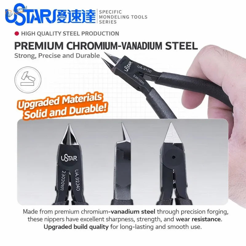 Black-handled UStar precision nippers with dual-edge blade made from premium chrome vanadium steel for durability