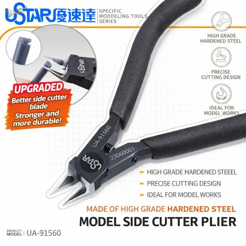 Ustar black-handled model side cutter plier with chrome vanadium steel dual-edge blade for precise model cutting