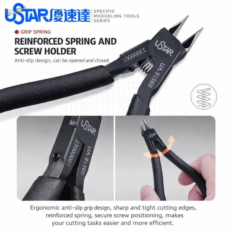 Black ustar 09516-vn precision cutting pliers with reinforced spring and anti-slip grip made of chrome vanadium steel with dual-edge blade