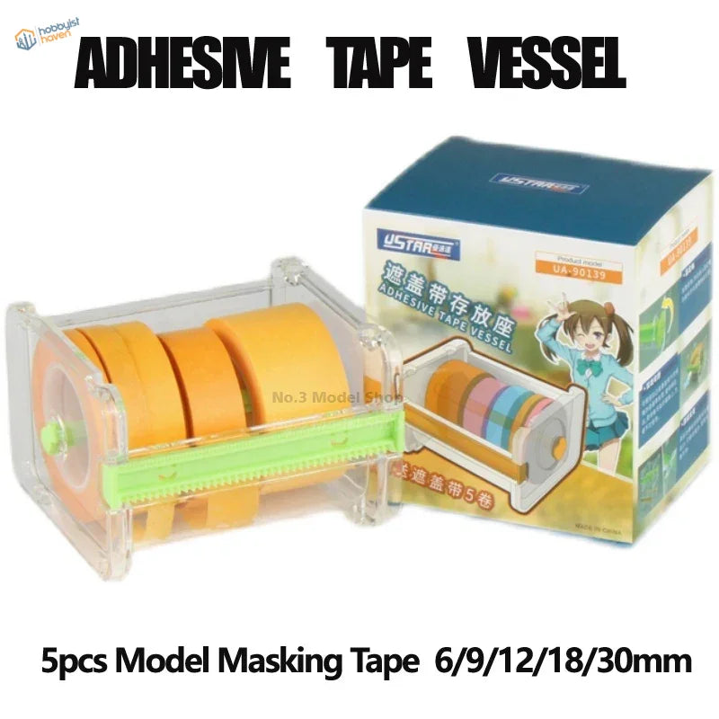 UStar masking tape dispenser clear plastic with green accents holding five rolls of orange masking tape
