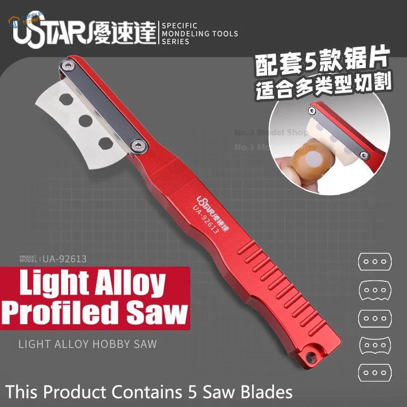 Ustar professional modeling saw with red light alloy profile, silver blade, textured grip