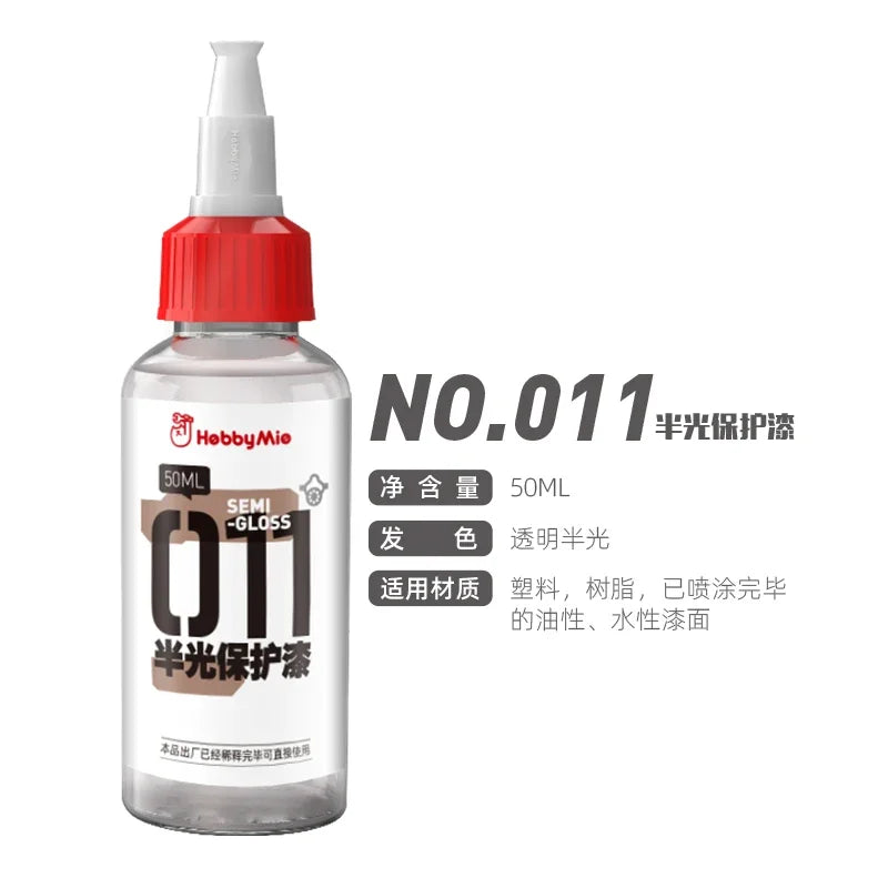 A clear plastic bottle with red cap and white spray nozzle hobbymie no 011 semi gloss protective coating for model building tools
