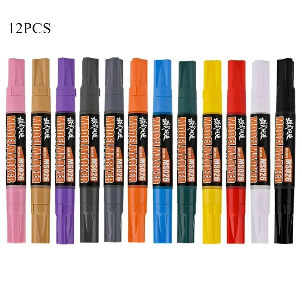 12pcs double-headed oil-based markers in vibrant hues on black barrels