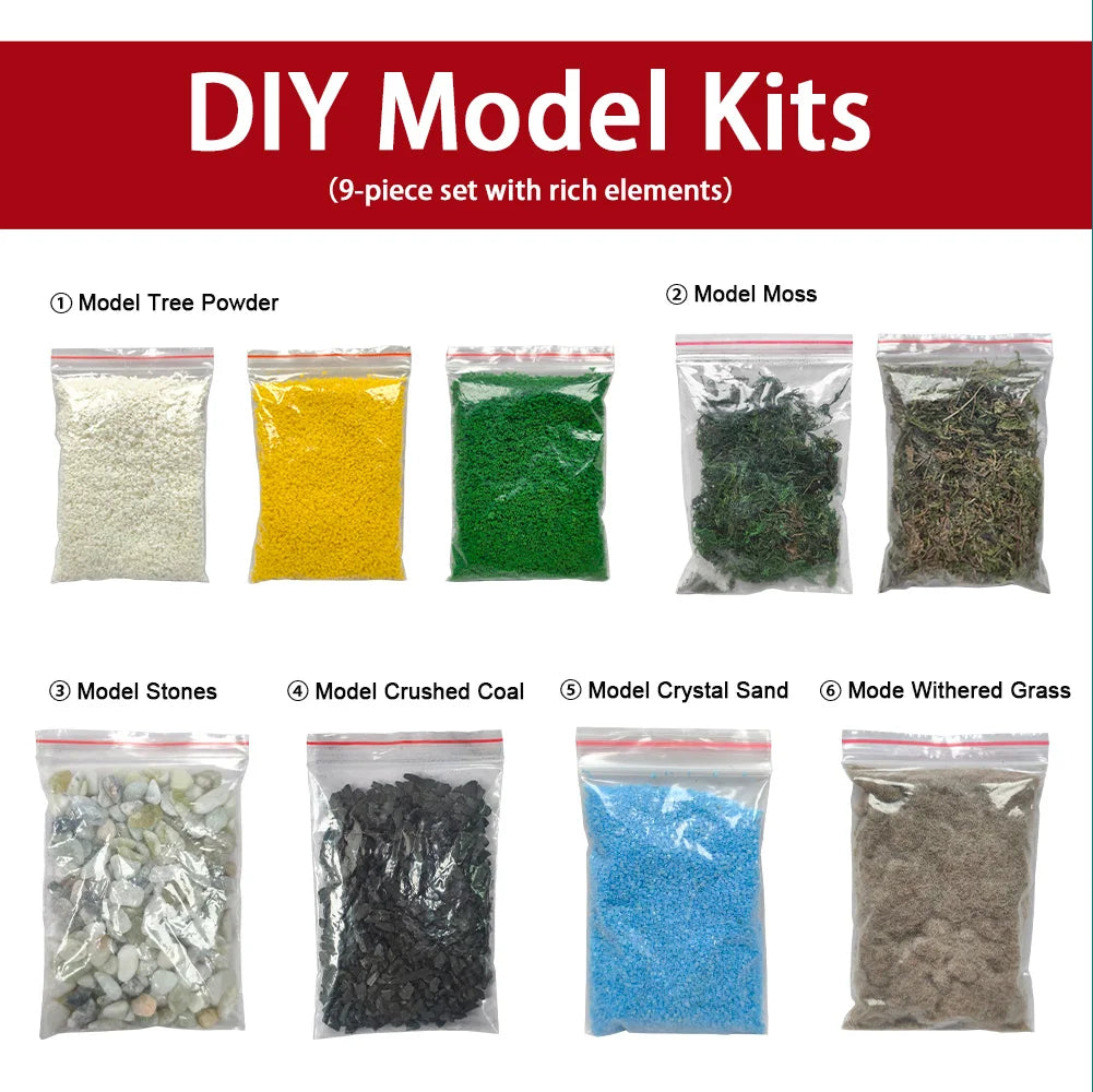 9pcs diorama scenery material set with crushed coal and natural elements in clear bags for scenery starter pack use