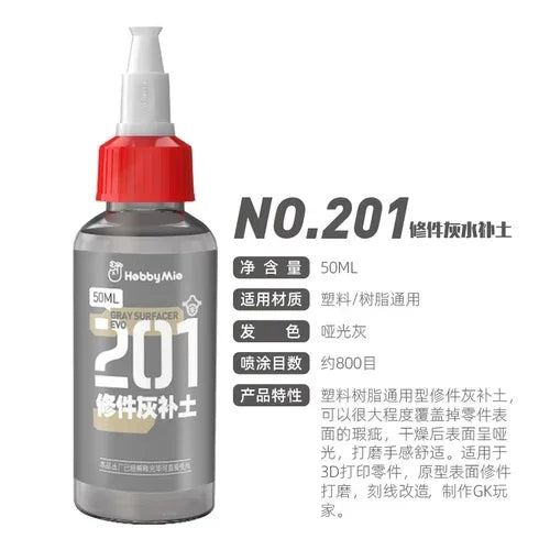 Gray 50ml plastic bottle of Hobby Mio primer surfacer with red cap and white nozzle for precision hobby tools