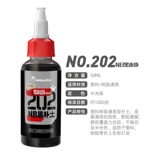 A 50ml bottle of hobby mio black surfacers evo primer with red cap and white nozzle for precision hobby tools