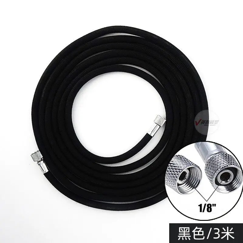 Black 3-meter braided airbrush hose with silver metallic threaded connectors for durable airbrush use