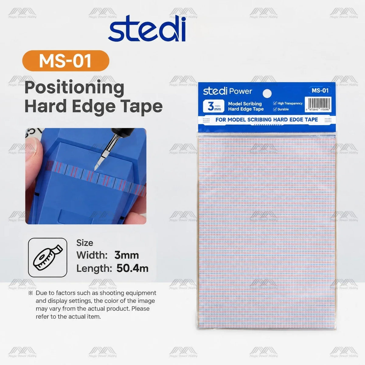 Stedi MS-01 3mm hard edge scribing tape pack, 50.4 m long, with a size diagram