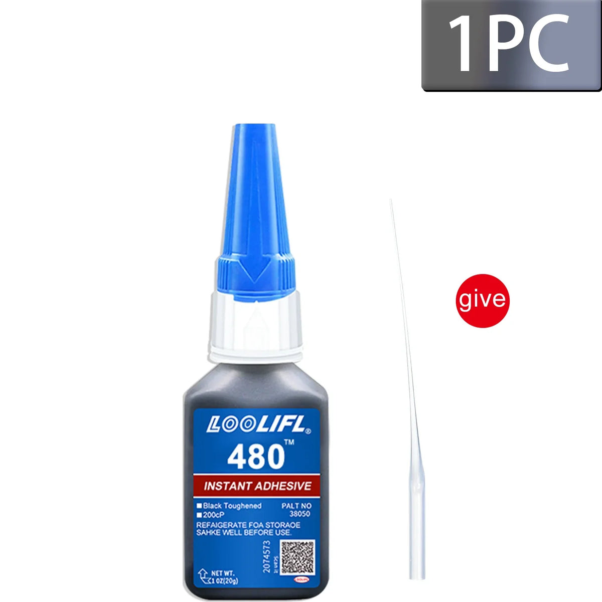Blue-tipped 20ml bottle of loolifl 480 black cyanoacrylate adhesive with white nozzle in single 20ml bottle design