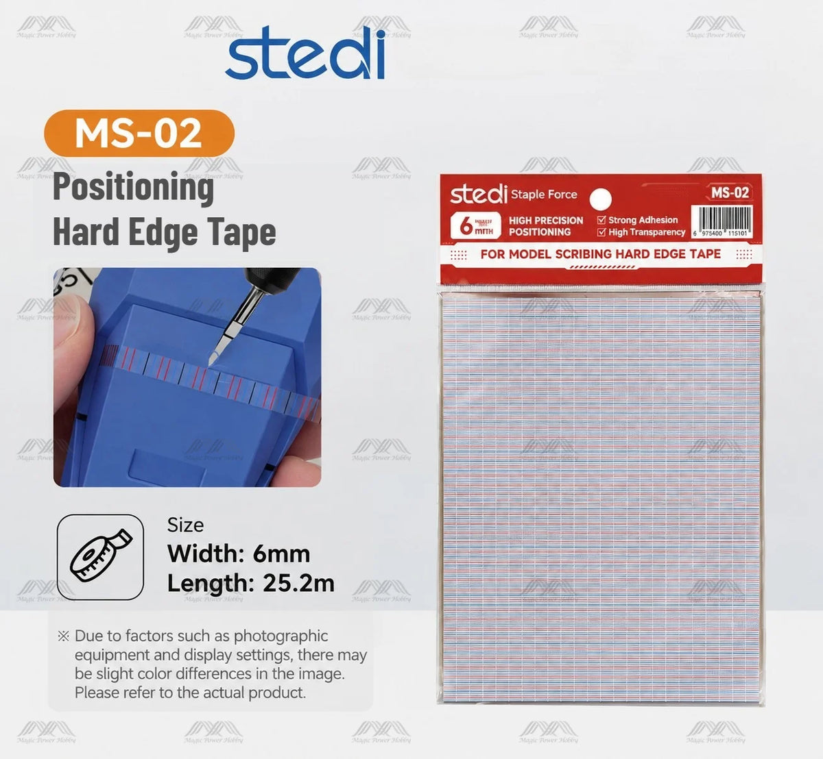Stedi MS-02 6mm hard edge scribing tape pack, 25.2 m long, with a size diagram
