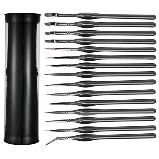 15pcs precision brush set with black metal handles and holder