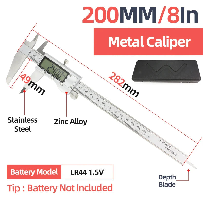Silver digital vernier caliper with stainless steel and zinc alloy construction 200mm measuring range for scale modeling