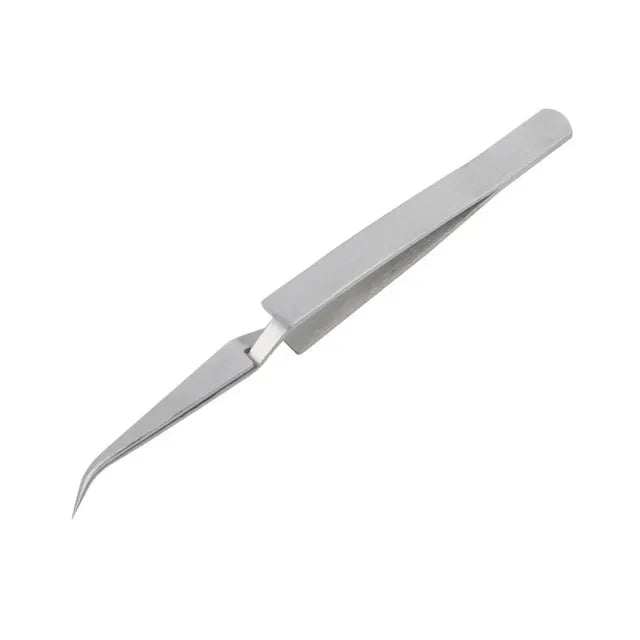 Reverse tweezers with curved tip and ergonomic handle