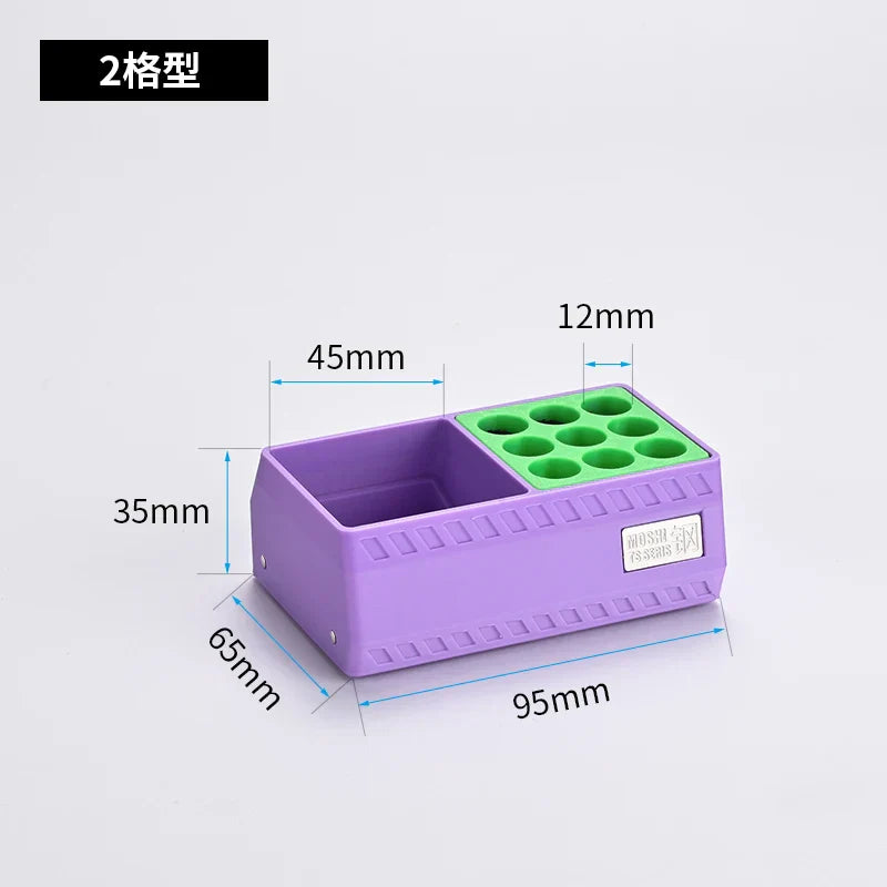Purple glue holder with green silicone grid for scale modeling glue bottles