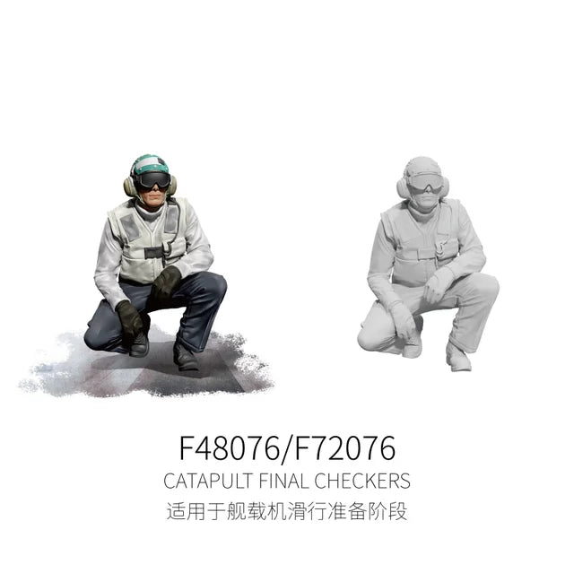 1/48 gray plastic flight deck crew member kneeling in flight gear and helmet