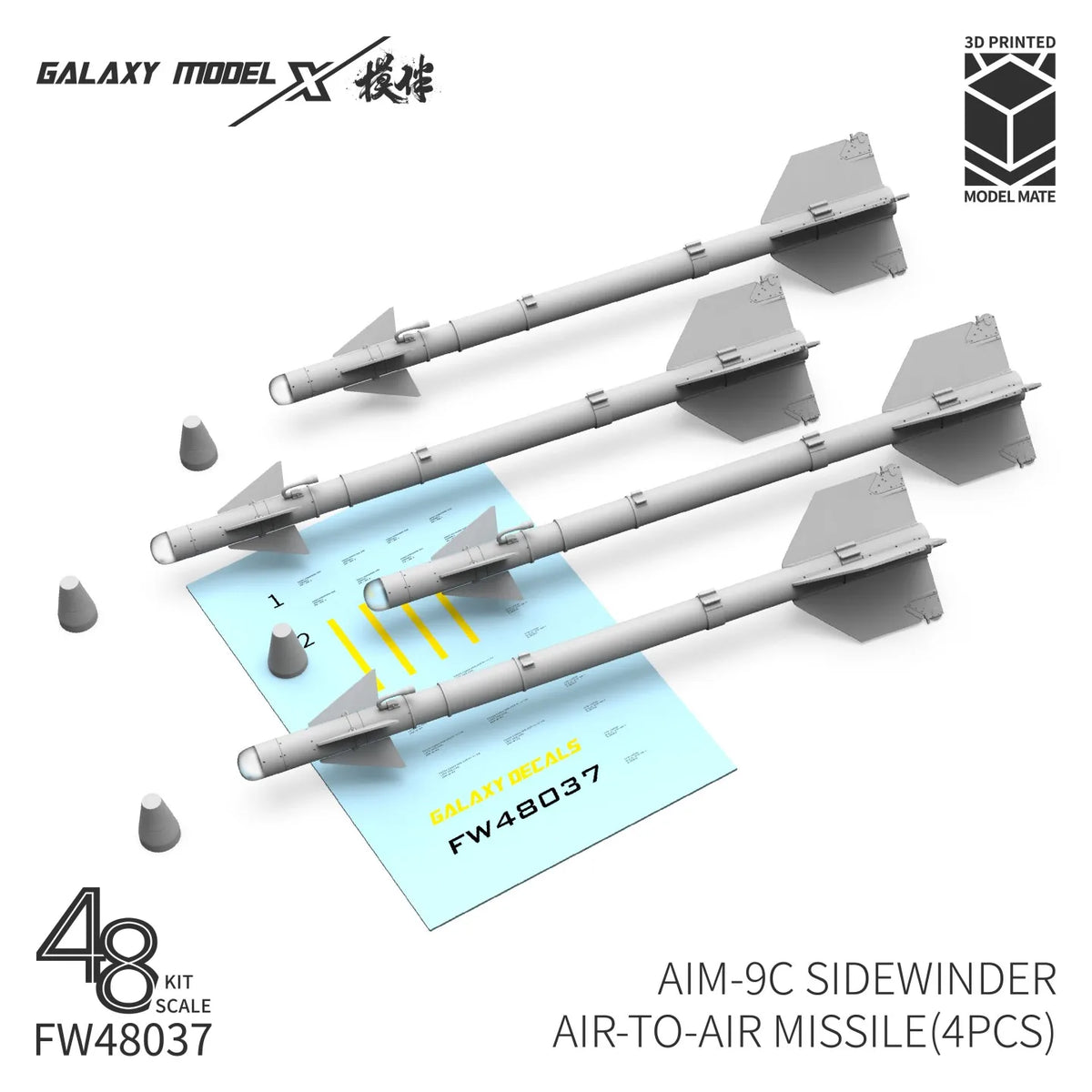 Gray 3D-printed AIM-9C Sidewinder Galaxy Model 1/48 kit components