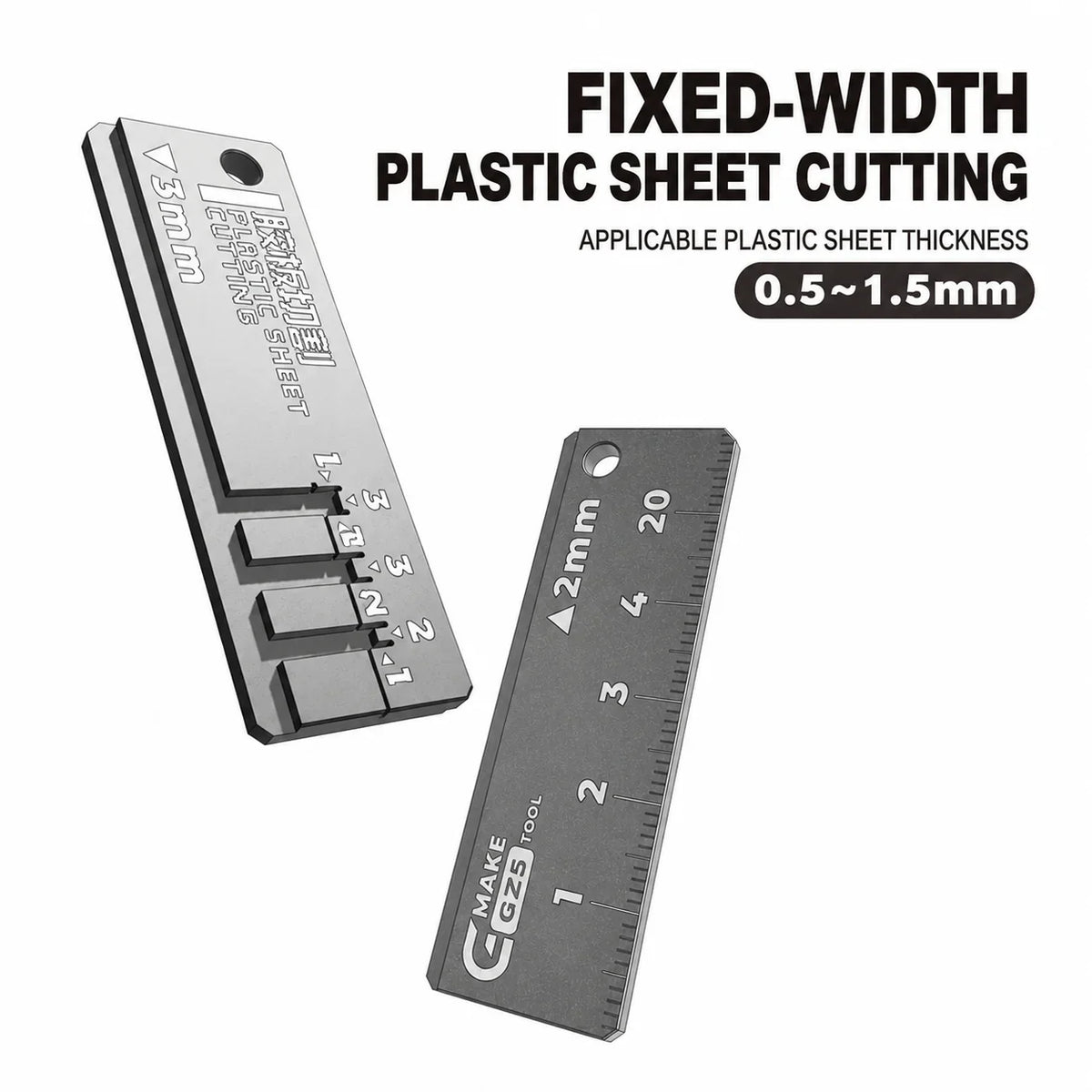 Gray metallic fixed-width plastic sheet strip cutter with measurement markings and attachment hole for model building tools