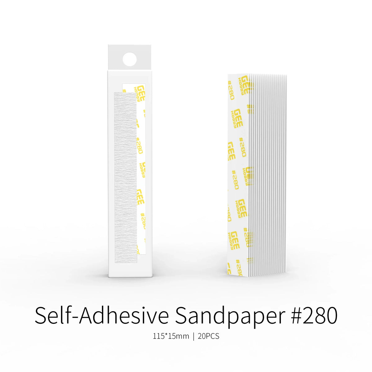 White self-adhesive sandpaper strips 280 grit in clear sleeve with yellow branding for sanding sticks grits x 20pcs bonus toy kit