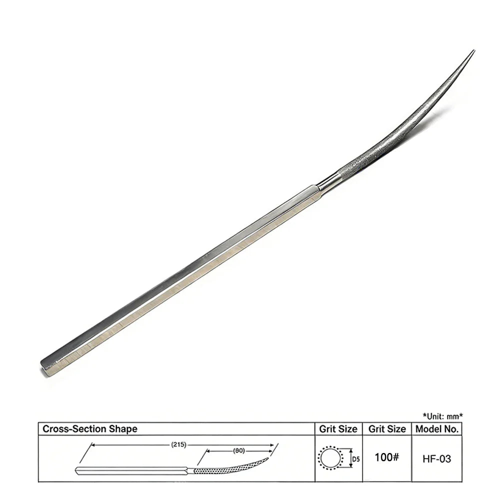 Silver-colored diamond abrasive file with curved tapered tip and textured handle for scale modeling tools and model building tools