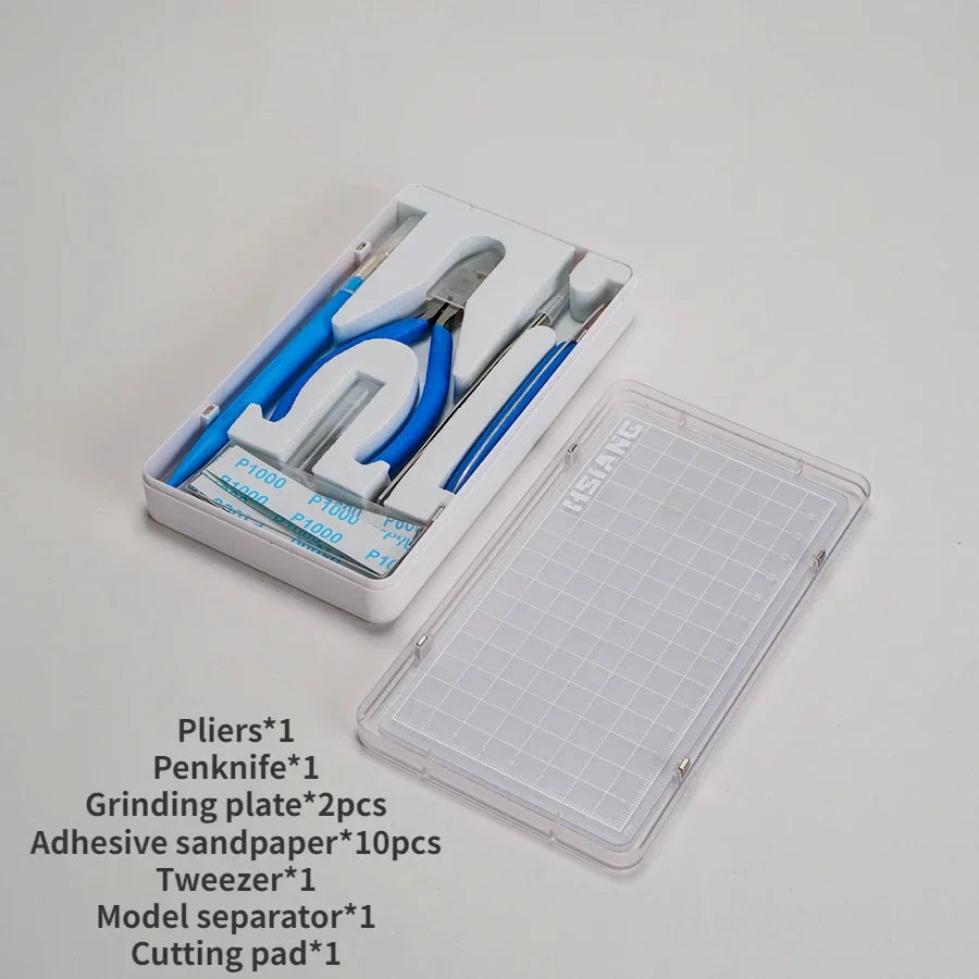 7pcs basic model building tool set featuring white and blue plastic-handled pliers with metallic jaws in acrylic case