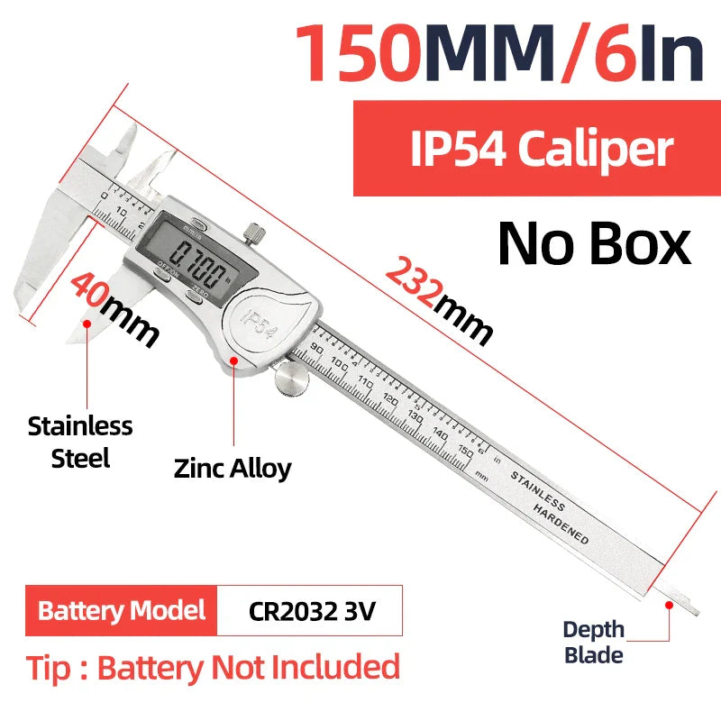 Digital vernier caliper 150mm with stainless steel body zinc alloy components ip54 rating for scale modeling precision