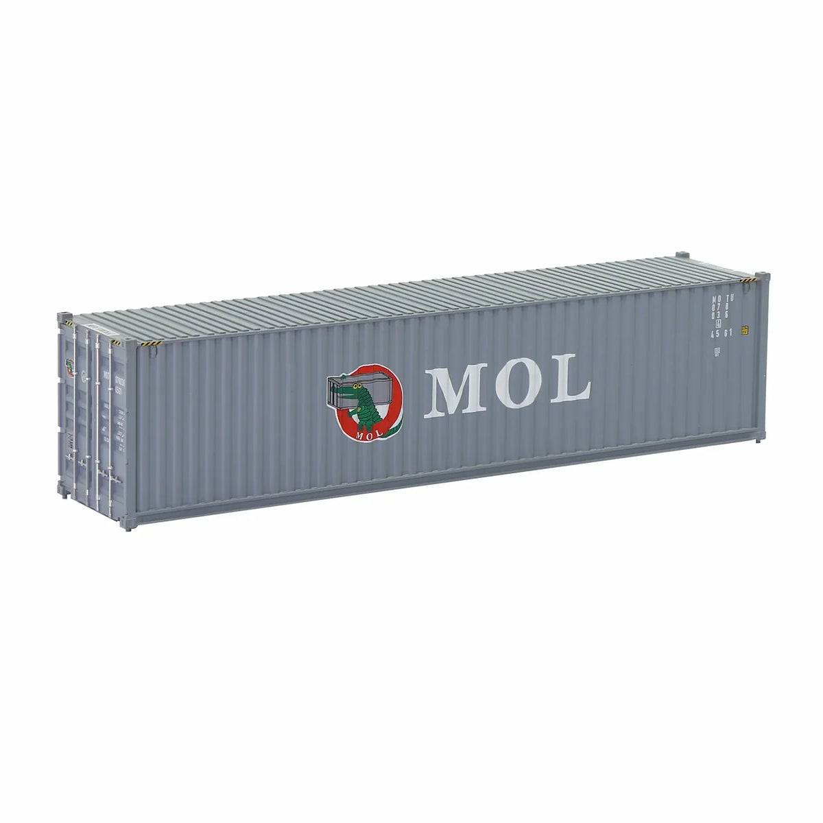 HO scale train model gray shipping container with red green white logo