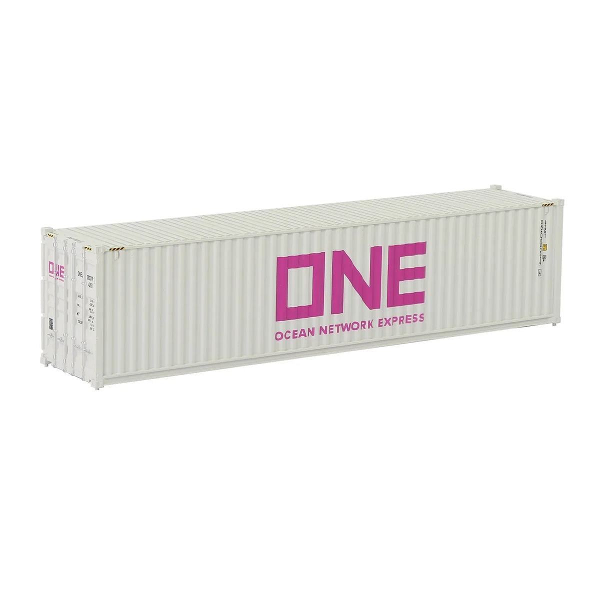 HO scale train model white shipping container with One Ocean Network Express pink branding