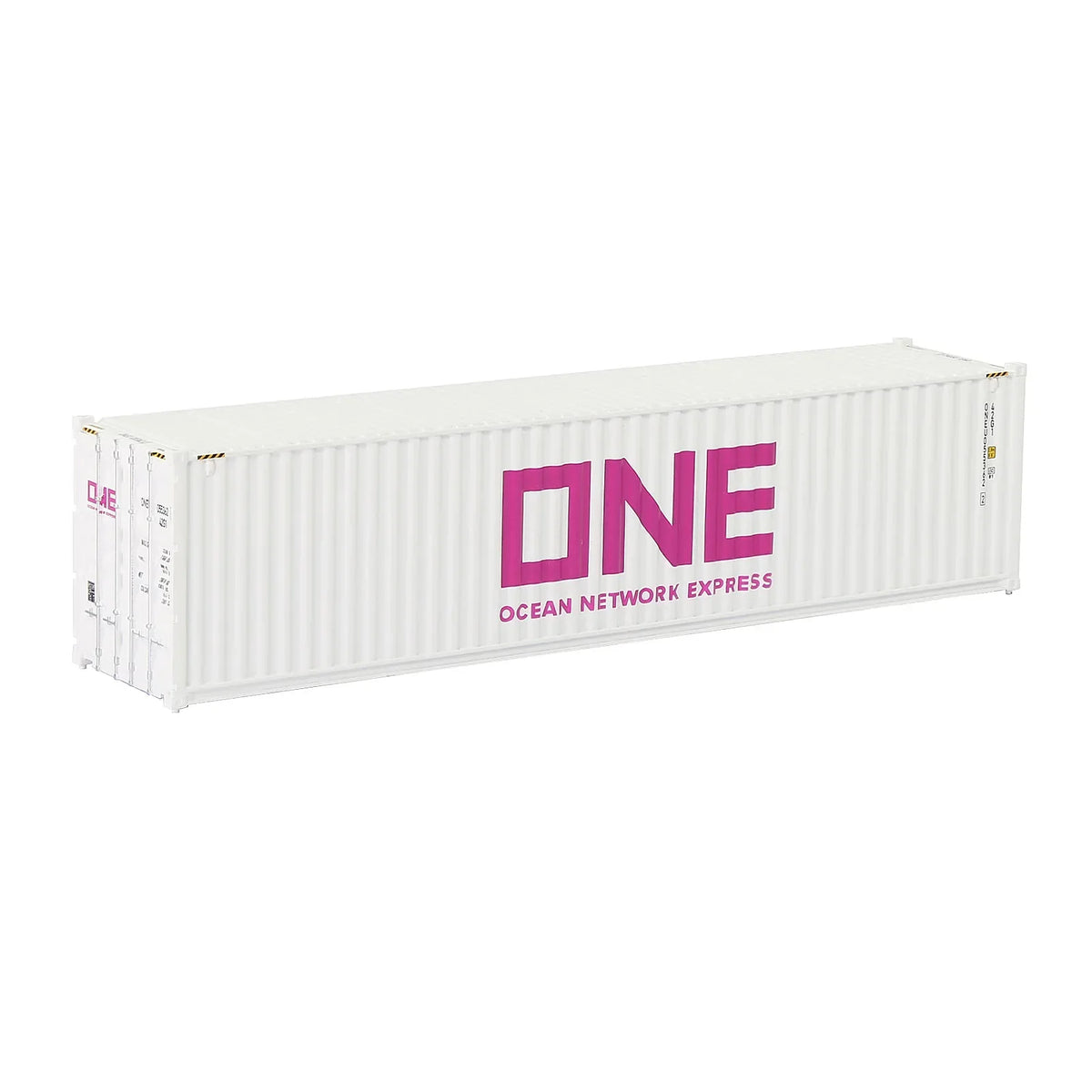 HO scale train model white shipping container with One Ocean Network Express pink branding