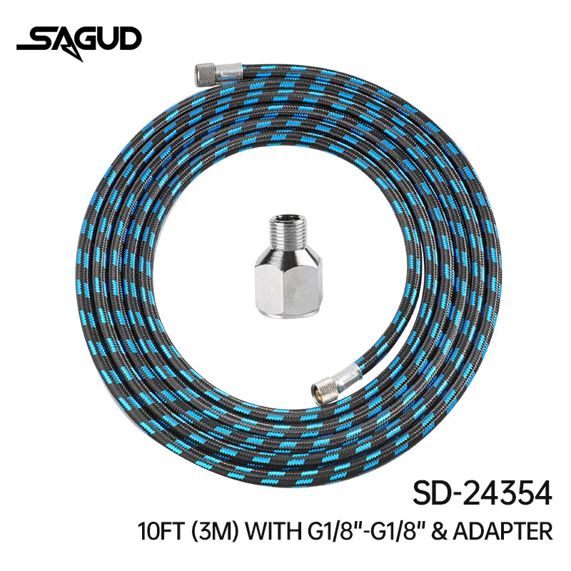 Blue and black checkered sagud nylon braided airbrush hose with silver fittings for steady airflow in scale modeling tools