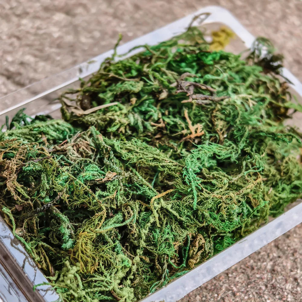 Vibrant artificial green moss in container for scale models