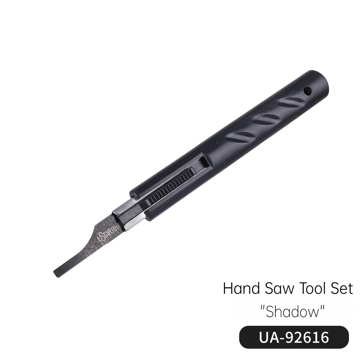 UStar stainless steel model hand saw with black handle and Star brand