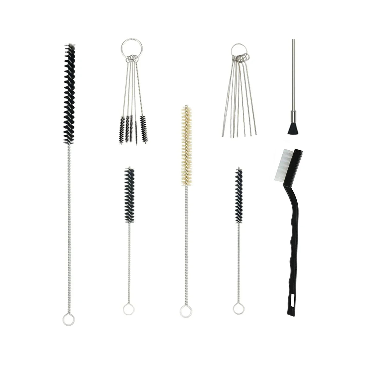 Professional airbrush cleaning kit with stainless steel and black plastic brushes