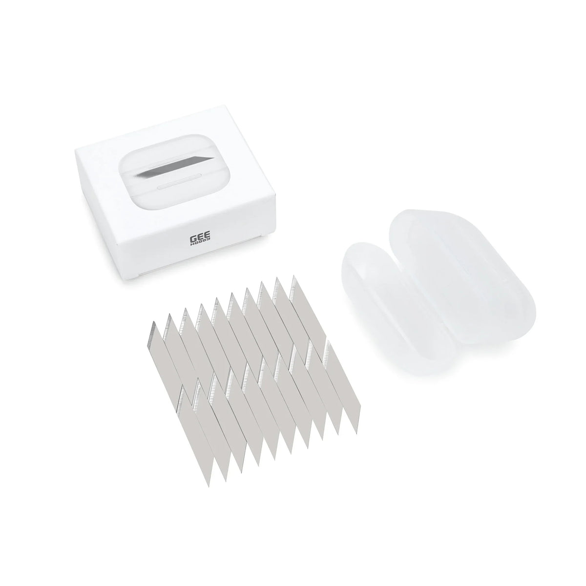 White gee brand replacement blades for apple airpods pro beside white charging case for geehobby pen knife scale modeling tools