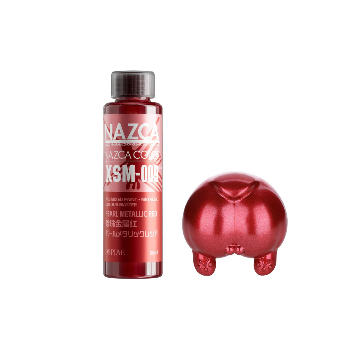 XSM-009 Pearl Metallic Red 50ml bottle beside a red painted test part