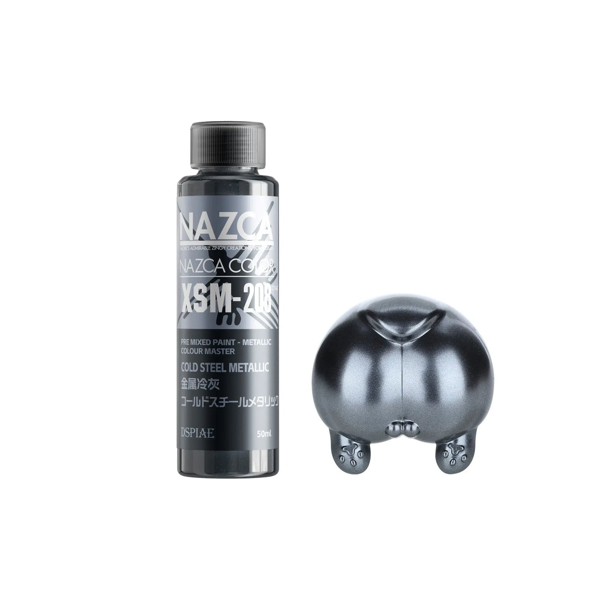 XSM-208 Cold Steel Metallic 50ml bottle beside a steel blue painted test part