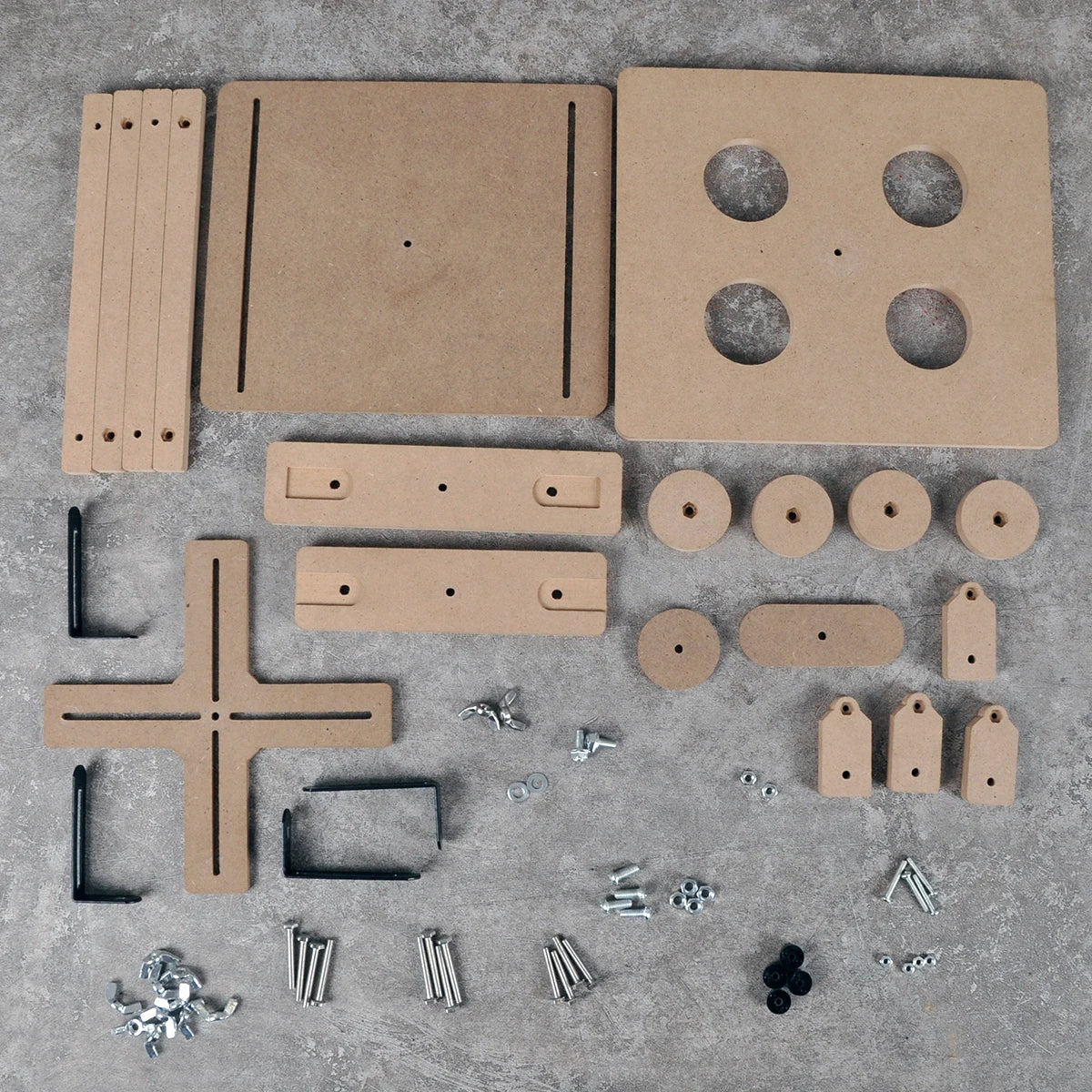 Beige wooden clamp kit with metal screws and black plastic connectors by cormake for model building tools and scale modeling tools
