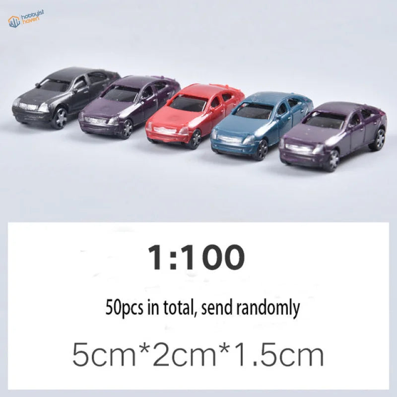 Five die-cast toy cars for scale railway modeling, 1:75 to 1:200 scales