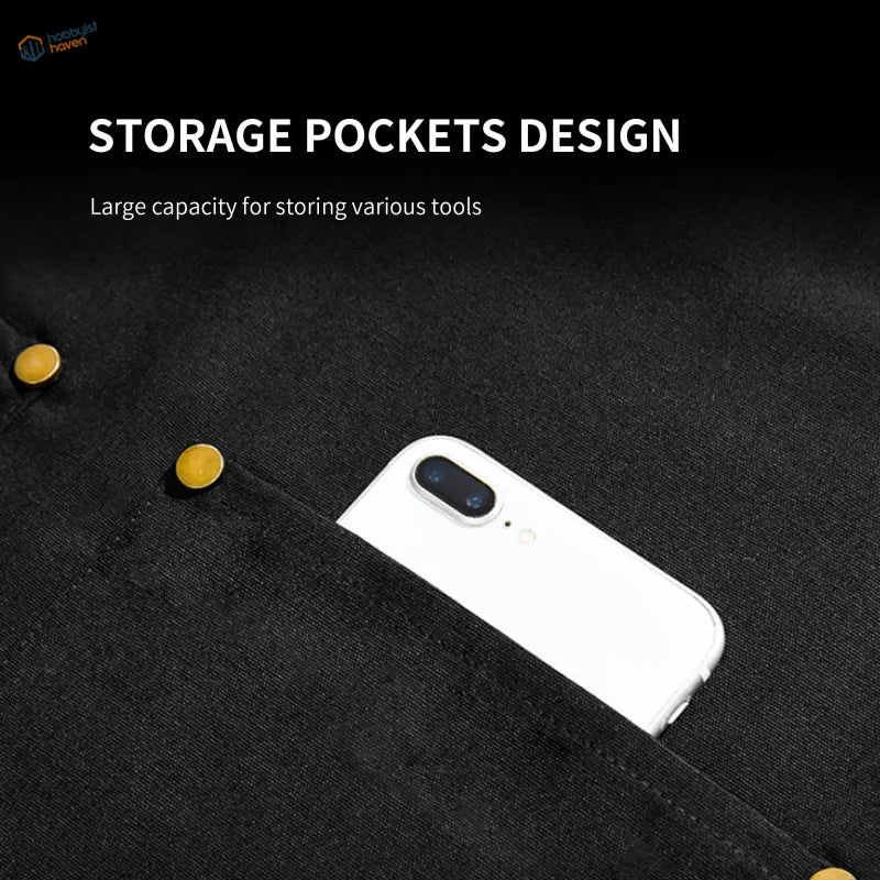 Canvas apron with black denim jacket, gold buttons, phone pocket, scale modeling tools