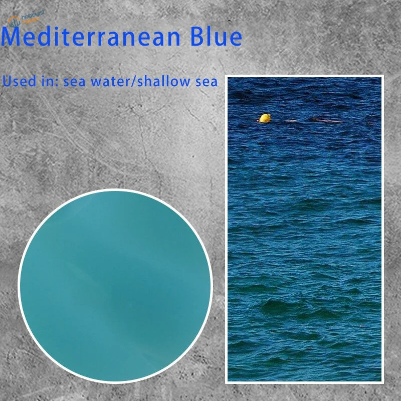 Water simulating paste with vibrant Mediterranean blue teal watercolor swatch and ocean waters