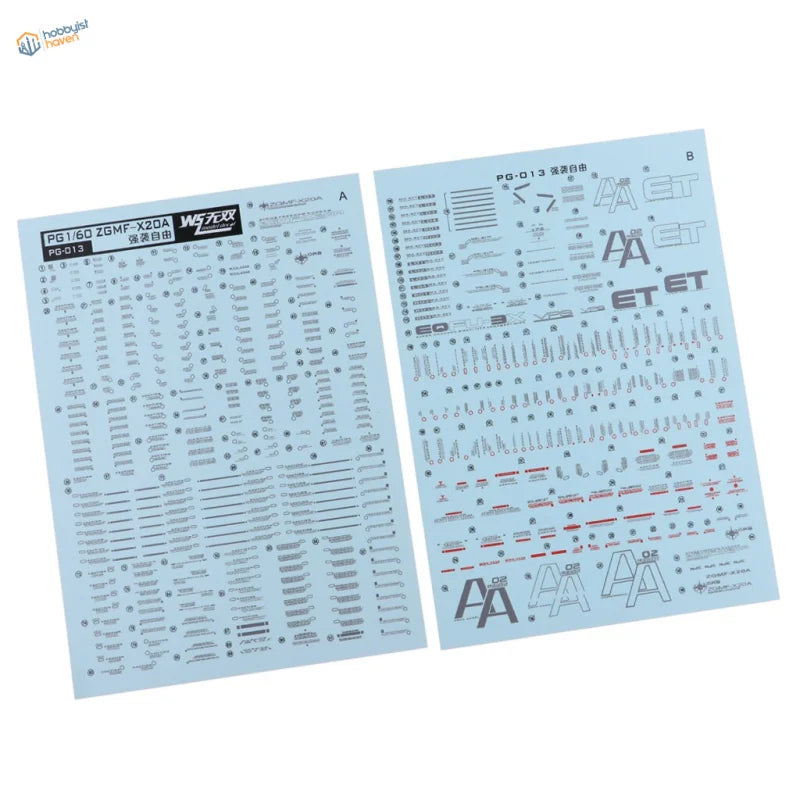 Light blue water slide decals sheet for PG 1/60 ZGMF-X20A Gundam model kit