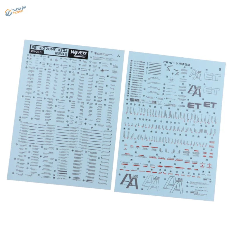 Light blue water slide decals for PG 1/60 ZGMF-X20A Wing Gundam