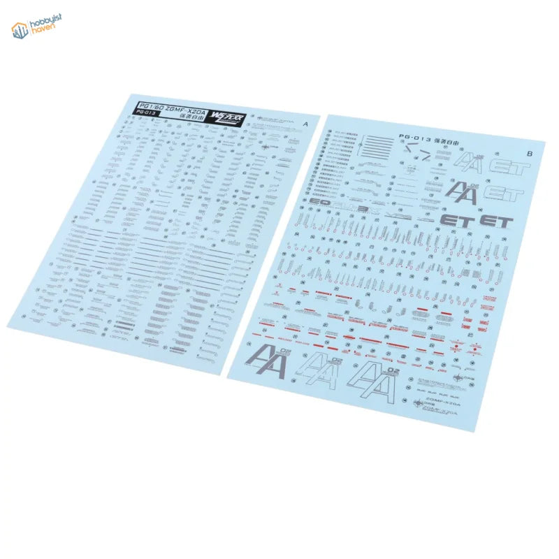 Light blue water slide decals for PG 1/60 Gundam models