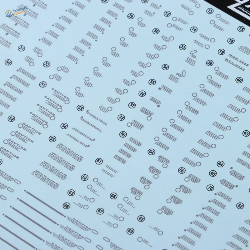 Light blue water slide decals sheet with caution labels for PG Gundam models