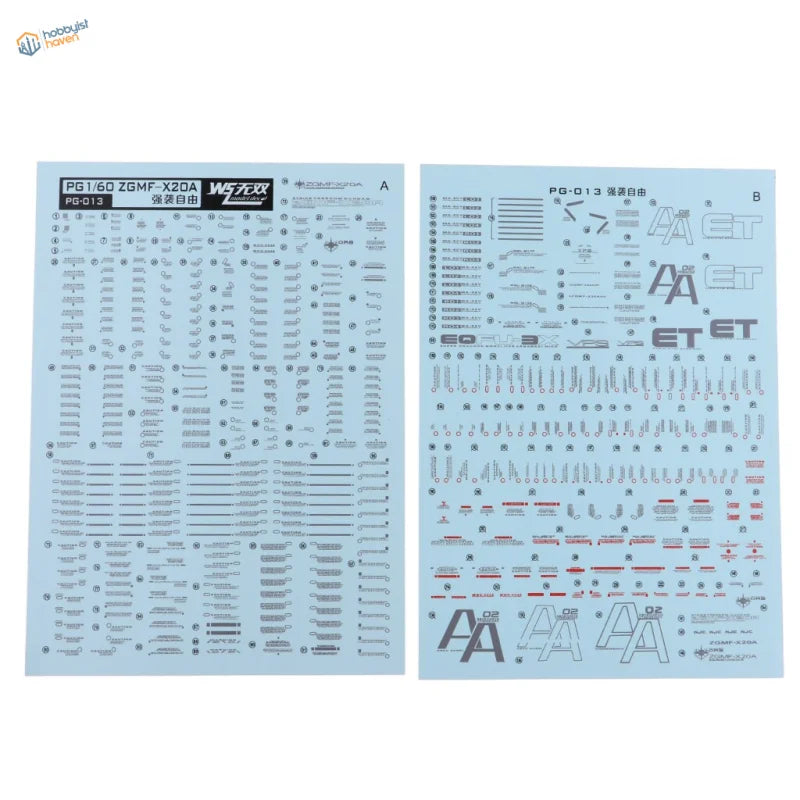 Light blue water slide decals sheet for 1/60 Strike Freedom Gundam PG kit