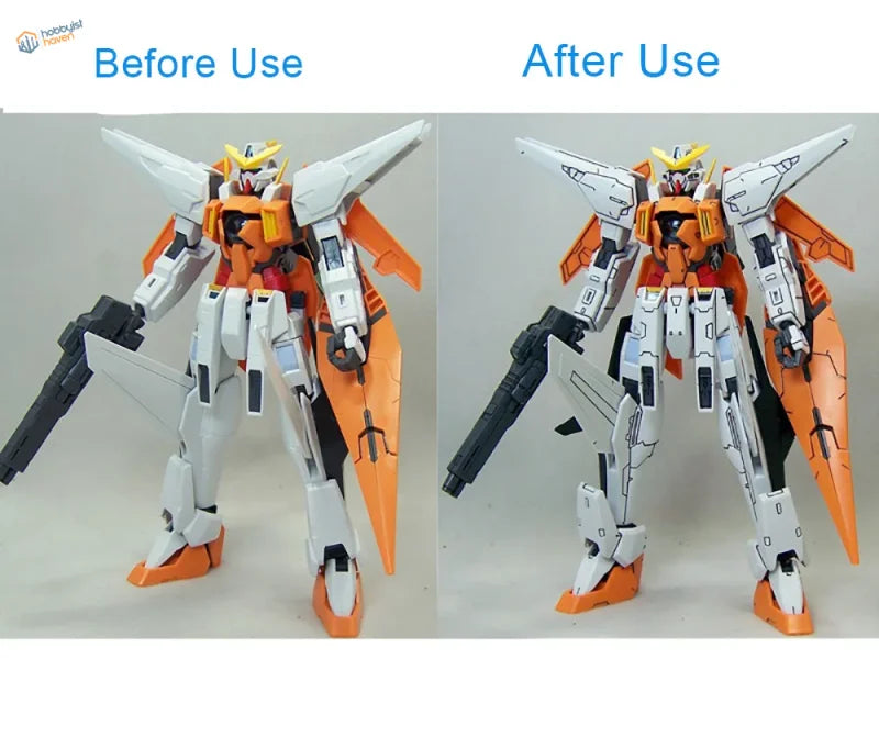 Orange and white Gundam model with black weapon parts using waterproof panel liner marker