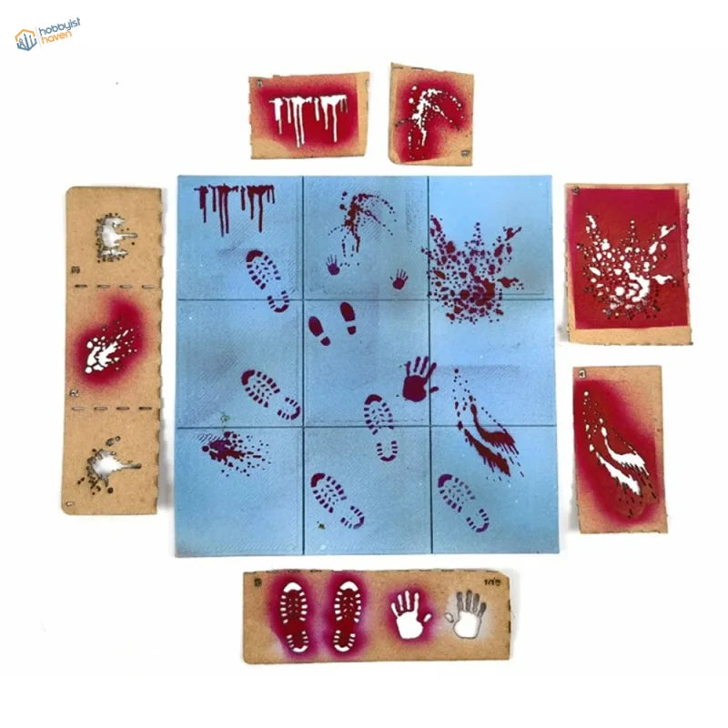 Blue tiled weathering effects stencil with red white handprint footprint for scale modeling tools